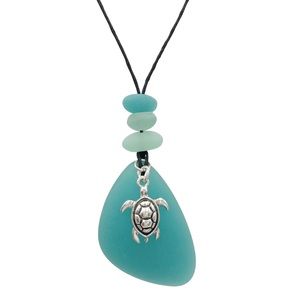 Long Sea Turtle Faux Blue Sea Glass Cord Necklace